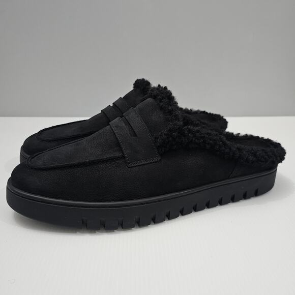 Vionic Uptown Slipper Mule Black Nubuck Faux Shearling Womens Size 12 WIDE WIDTH - Picture 1 of 12